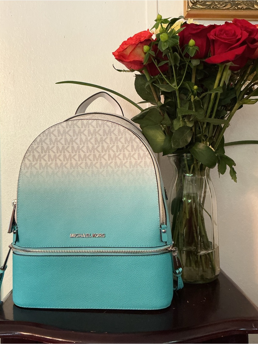 Michael Kors Teal Ombre Logo Backpack like new - Picture 2 of 10